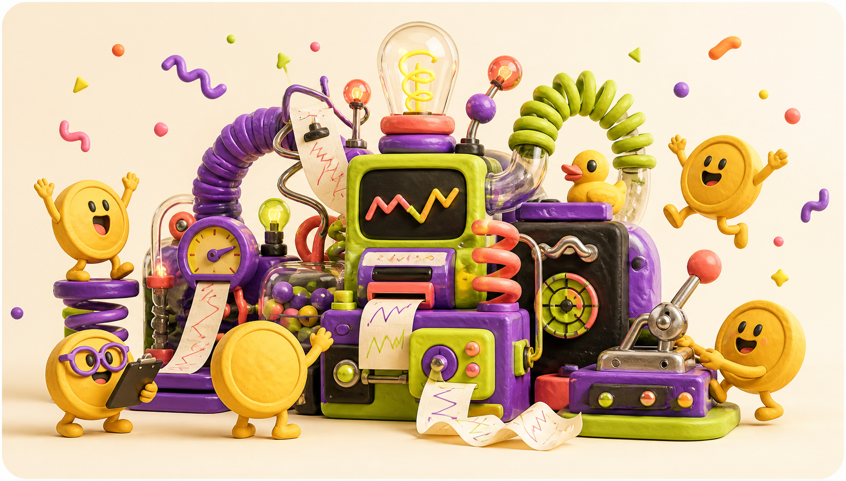 Cheerful coin characters operating an absurd machine full of charts and lights