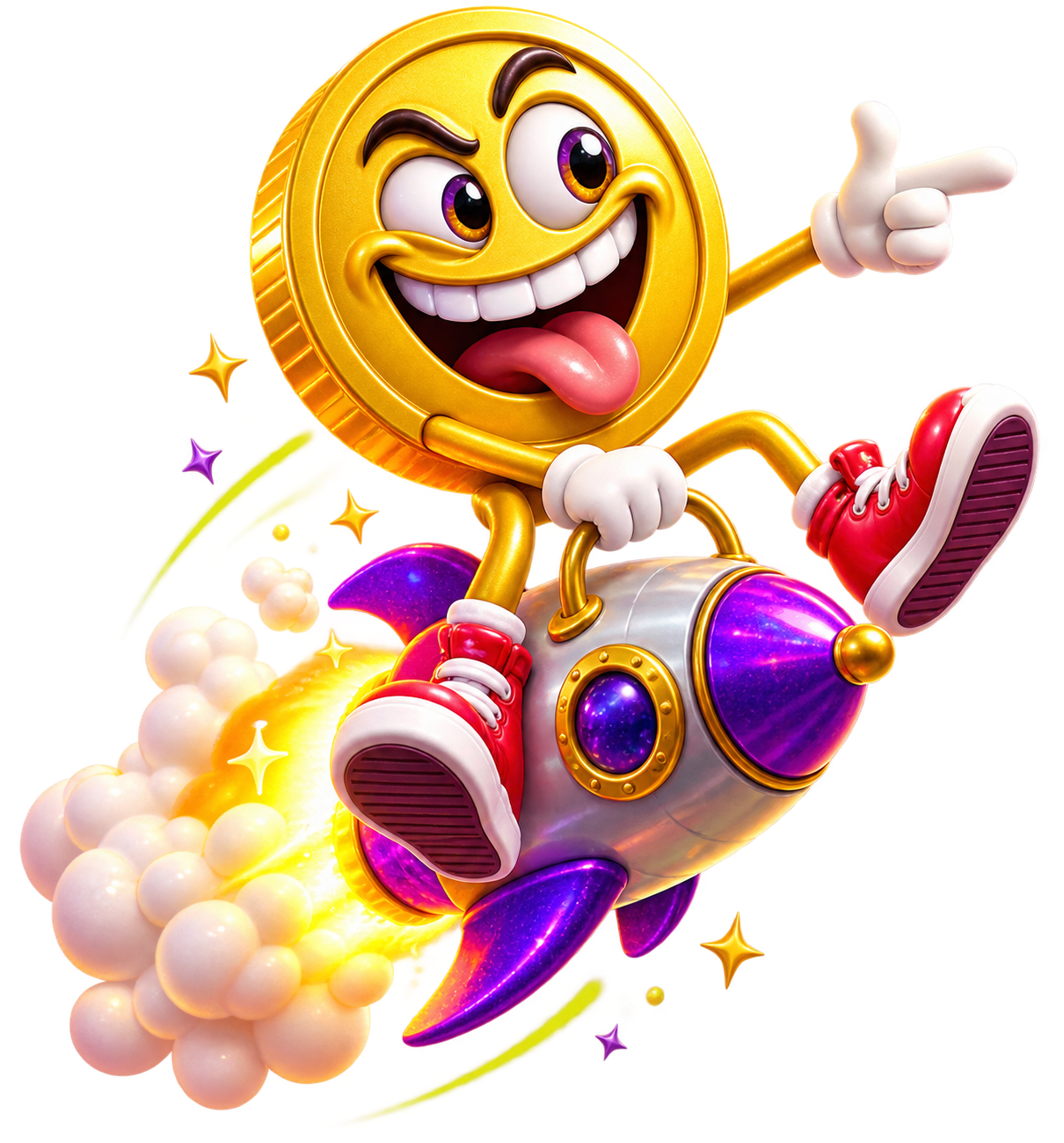 A cheerful golden coin riding a toy rocket